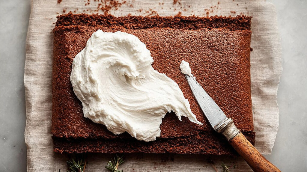 Spreading cream filling inside an unrolled chocolate sponge cake
