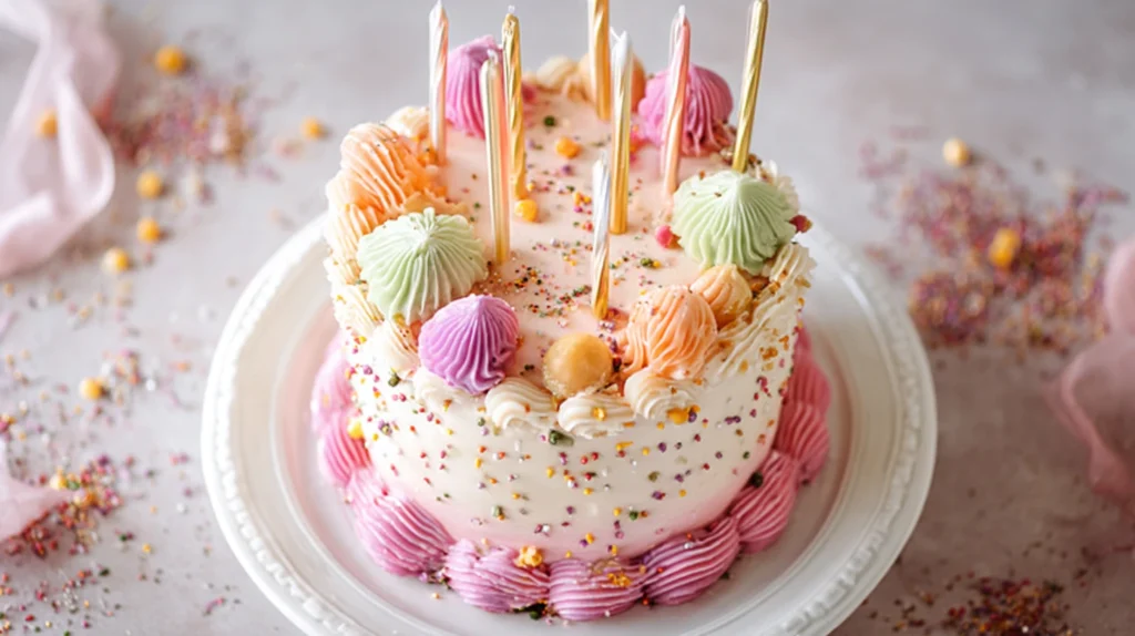 Pastel Lambeth-style cake with piped rosettes, golden candles, and colorful sprinkles on a white plate