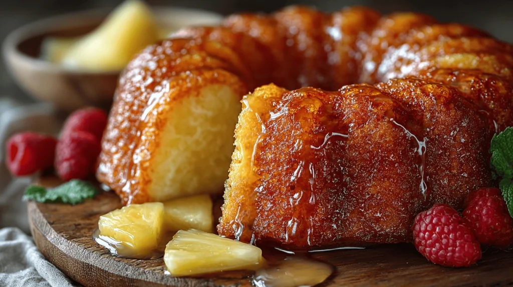 Moist pineapple juice cake glazed with syrup, garnished with raspberries and pineapple slices.
