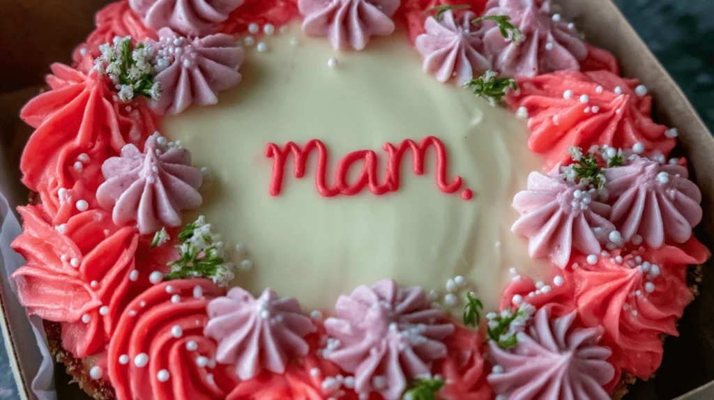 Mini bento cake decorated with pastel buttercream flowers placed in a white box on a neutral background