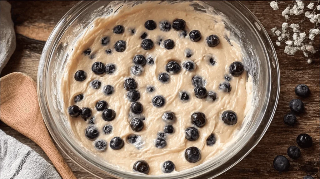 Gently Folding Floured Blueberries into Blueberry Cake Donut Batter