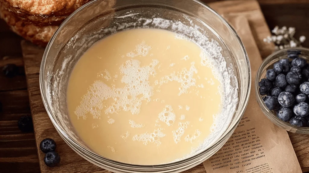 Gently Combining Dry and Wet Ingredients for Blueberry Cake Donut Batter