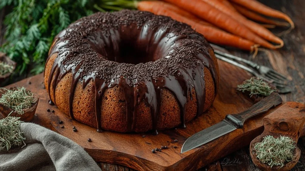 Brazilian carrot cake topped with glossy chocolate brigadeiro glaze on a rustic wooden board