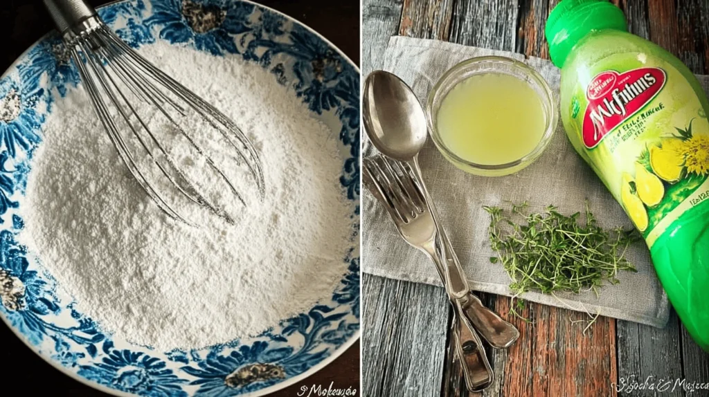 Powdered sugar in a floral blue bowl with a whisk, and fresh lime juice with herbs and utensils on a rustic wooden table – key lime glaze preparation