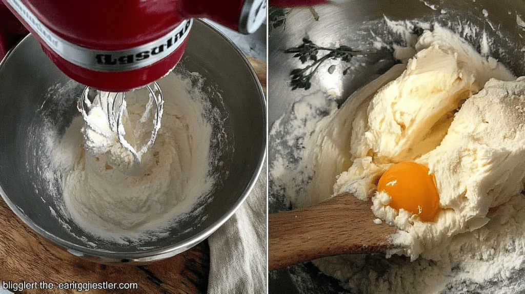 Side-by-side images of a red stand mixer creaming butter and sugar, and a wooden spoon mixing egg into a smooth batter for key lime pound cake