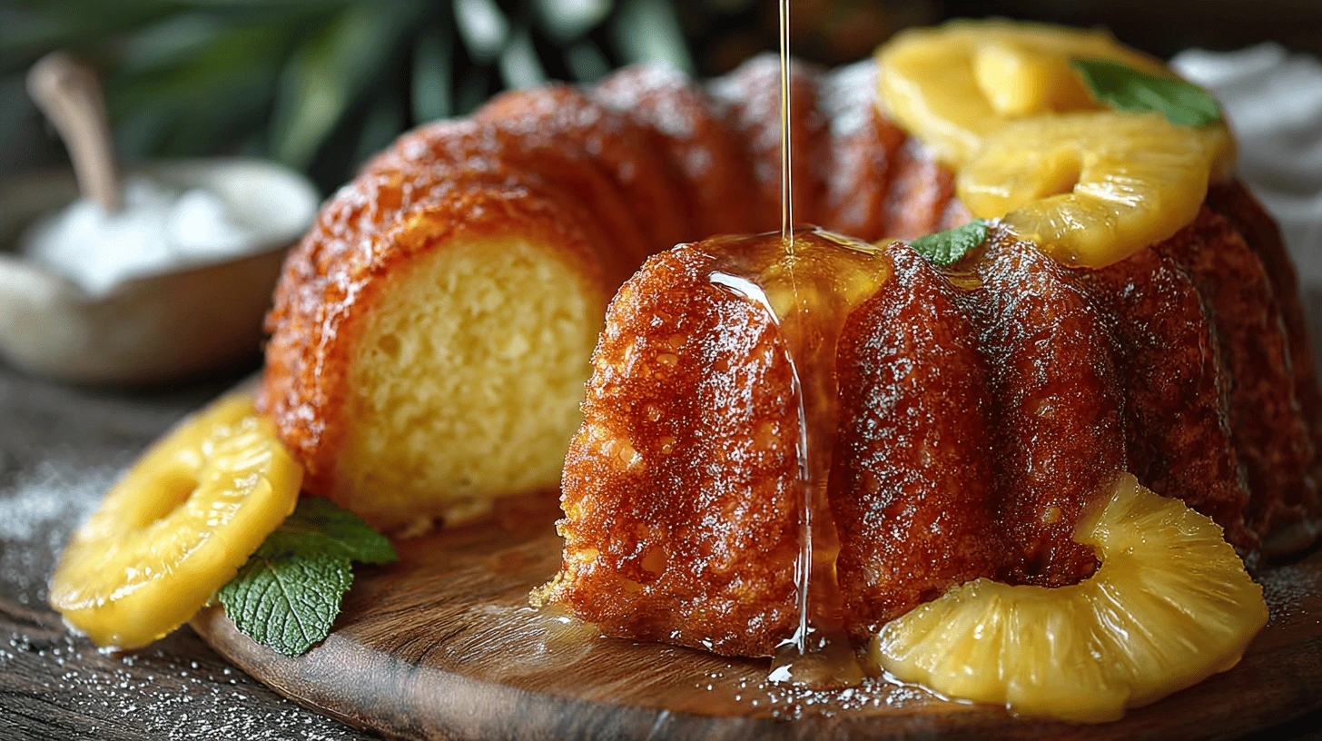 Pineapple juice cake topped with syrup and pineapple slices on a wooden board.