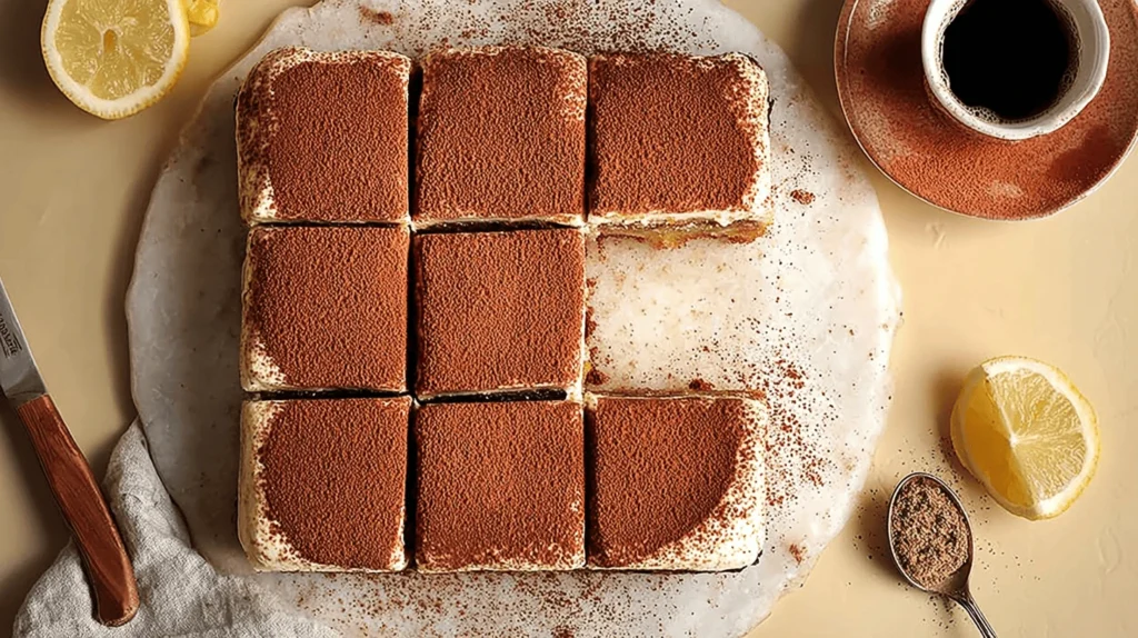 Top view of sliced tiramisu cake dusted with cocoa powder, surrounded by lemon slices, coffee, and a dessert spoon on parchment paper