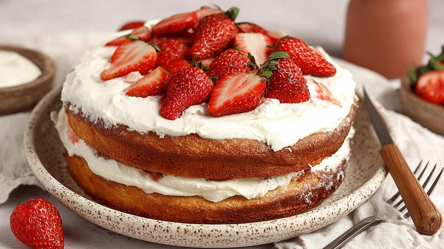 A homemade strawberry shortcake cake with two golden sponge layers, whipped cream filling, and fresh strawberries on top, served on a ceramic plate.