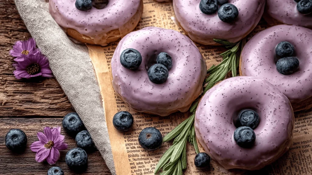 Blueberry donut batter piped into a non-stick donut pan, ready for baking.