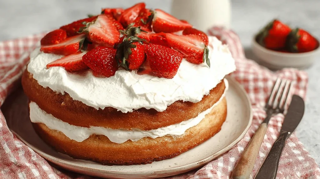 A homemade strawberry shortcake cake with two golden sponge layers, whipped cream filling, and fresh strawberries on top, served on a ceramic plate.
