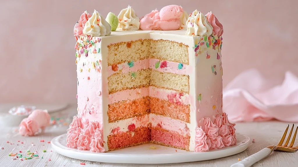 Layered funfetti cake with pink buttercream, colorful sprinkles, and piped rosettes, shown sliced to reveal interior