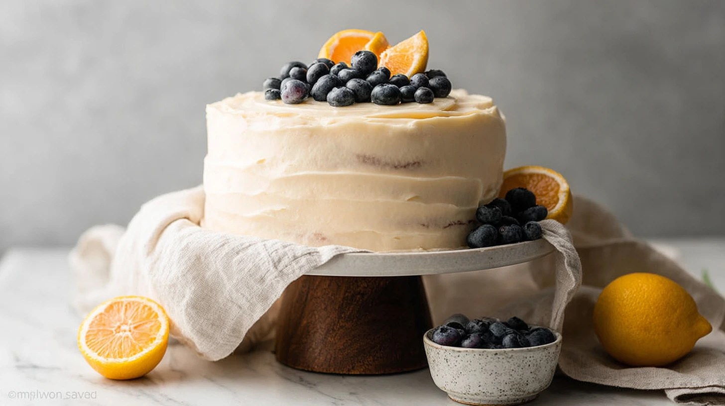 Lemon Blueberry Cake with Fresh Fruit Topping Homemade lemon blueberry cake topped with fresh blueberries and orange slices, placed on a rustic cake stand.