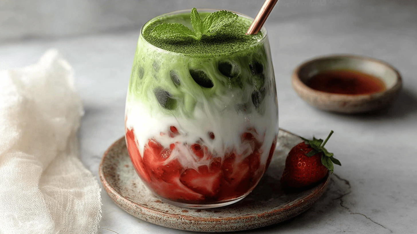 Iced matcha strawberry latte in a tall glass showing pink strawberry base, creamy milk center, and green matcha top