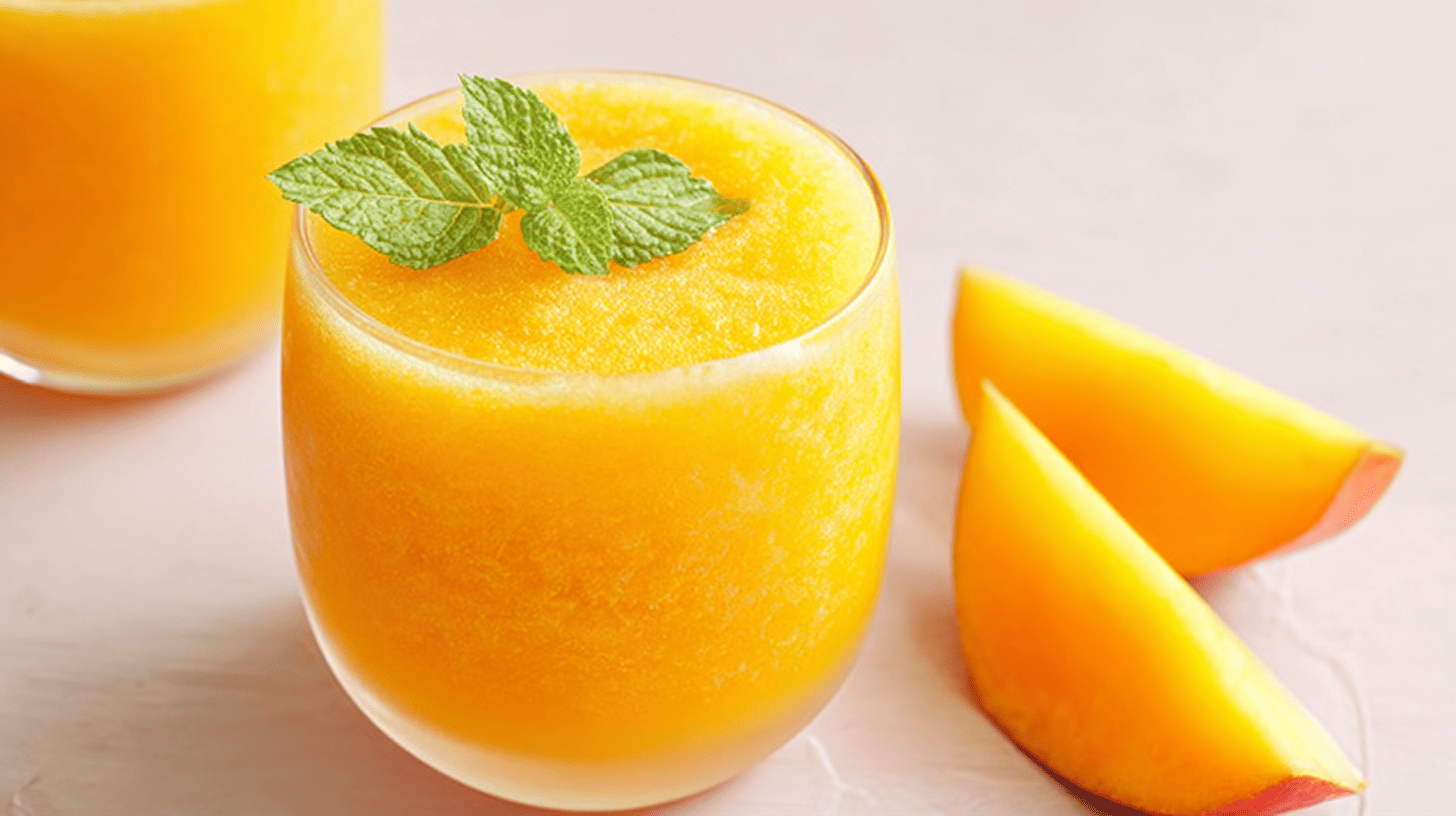 Peach mango smoothie served in a clear glass with fresh peach slices and mango chunks, styled on a bright surface for a vibrant tropical drink look