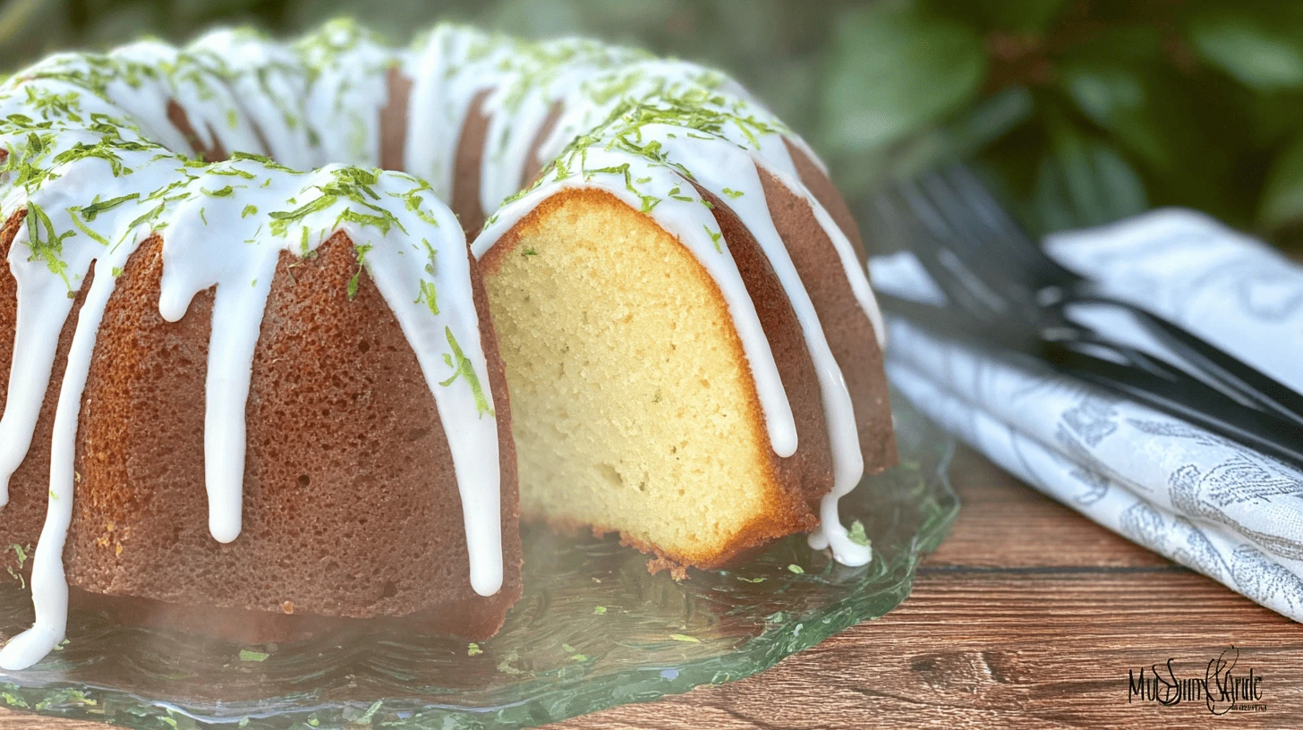 Moist key lime pound cake with a glossy lime glaze, garnished with zest and herbs, sliced and plated on a rustic table setting