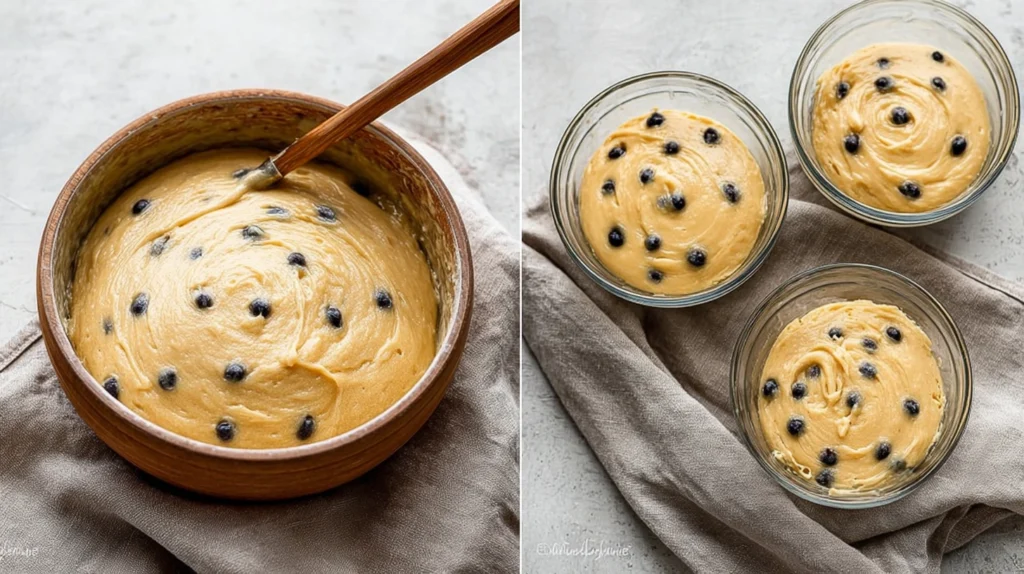Lemon blueberry cake batter with fresh blueberries in wooden and glass bowls