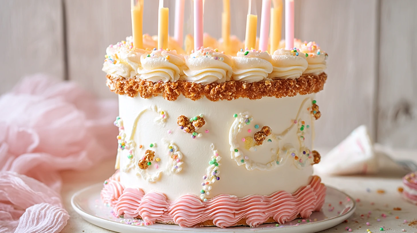 Lambeth-style birthday cake decorated with white buttercream, pink piping, sprinkles, and tall pastel candles