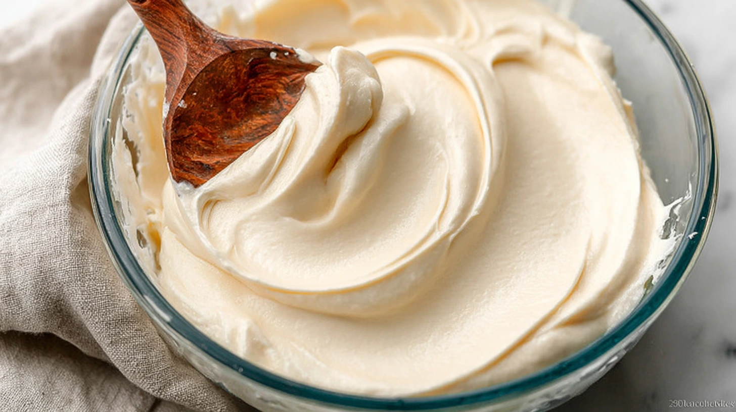 Smooth Lemon Cream Cheese Frosting Creamy lemon cream cheese frosting in a glass bowl with wooden spoon