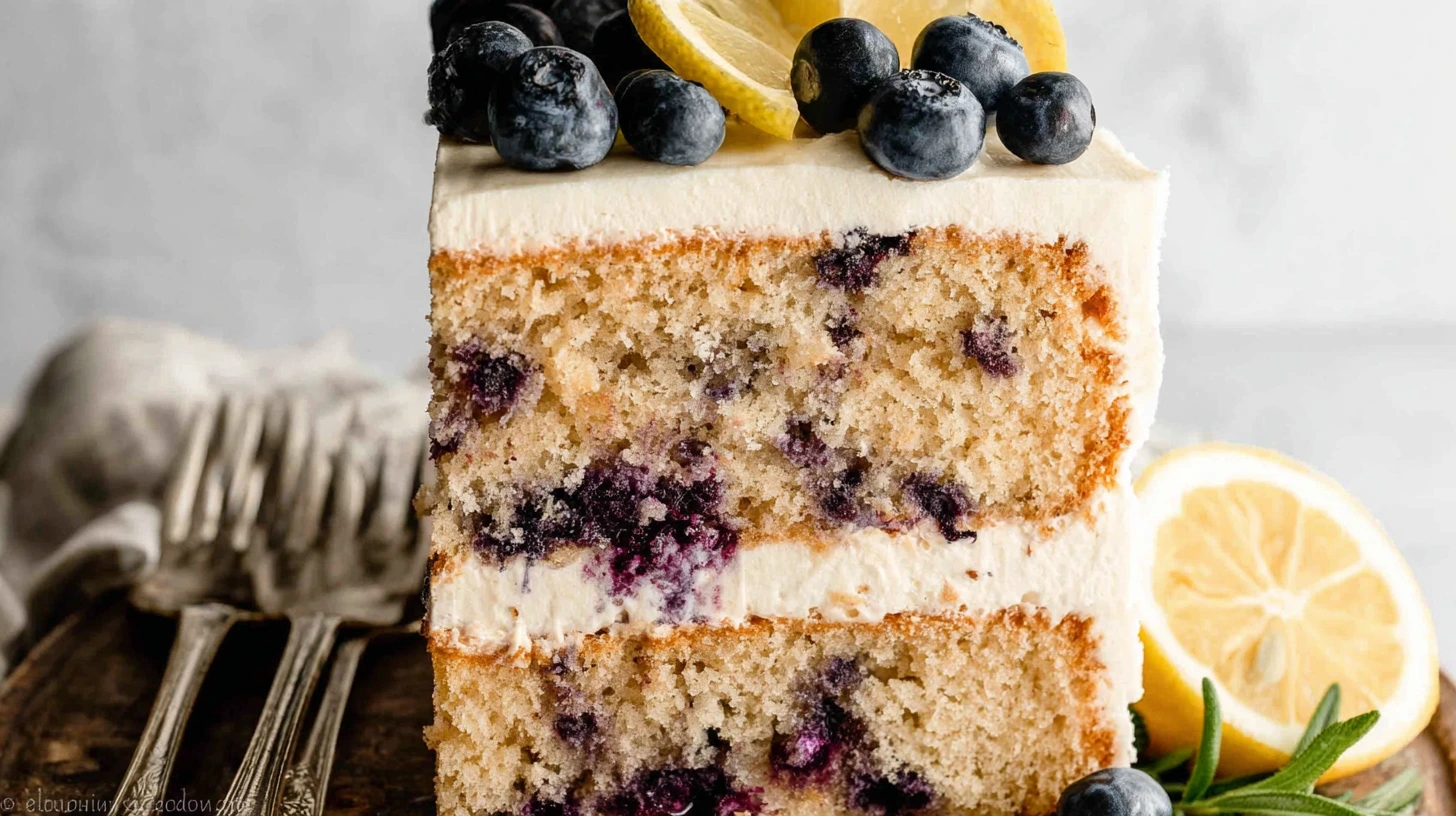 Moist Lemon Blueberry Cake Slice with Cream Cheese Frosting Slice of lemon blueberry cake topped with fresh blueberries and lemon slices