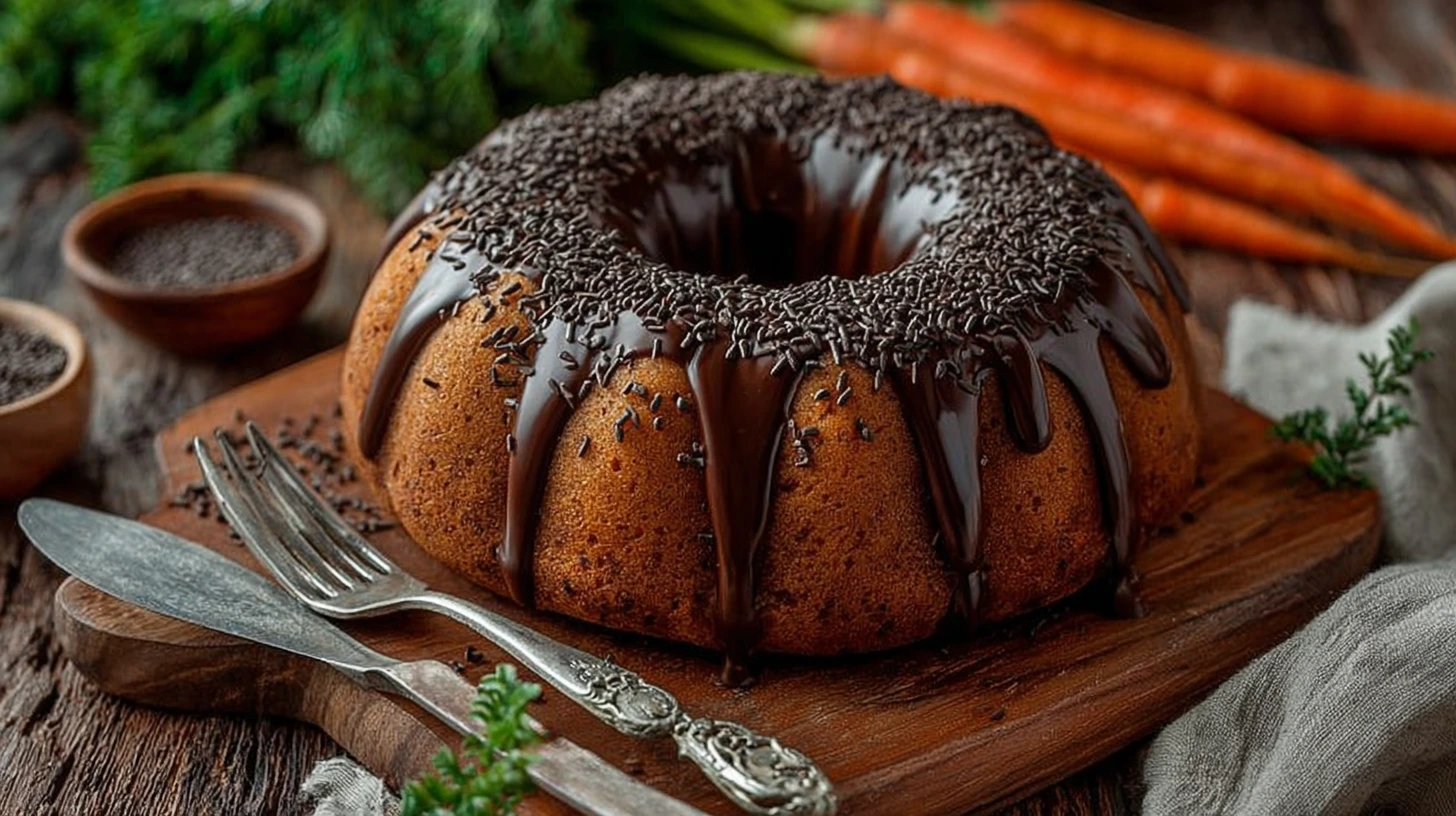 Bolo de Cenoura with brigadeiro glaze and chocolate sprinkles, surrounded by carrots and herbs