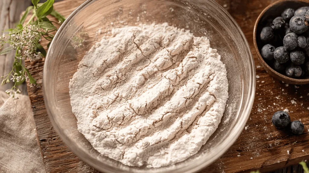 Whisking flour, baking powder, salt, and cardamom in a bowl for blueberry cake donut batter.