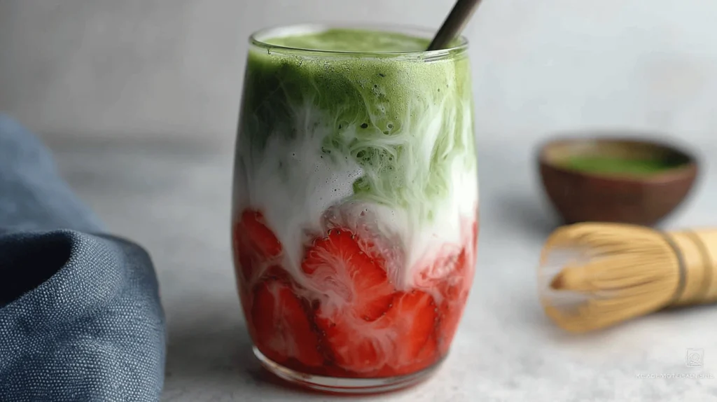 Layered matcha strawberry latte served in a clear glass with visible green matcha and pink strawberry layers over ice