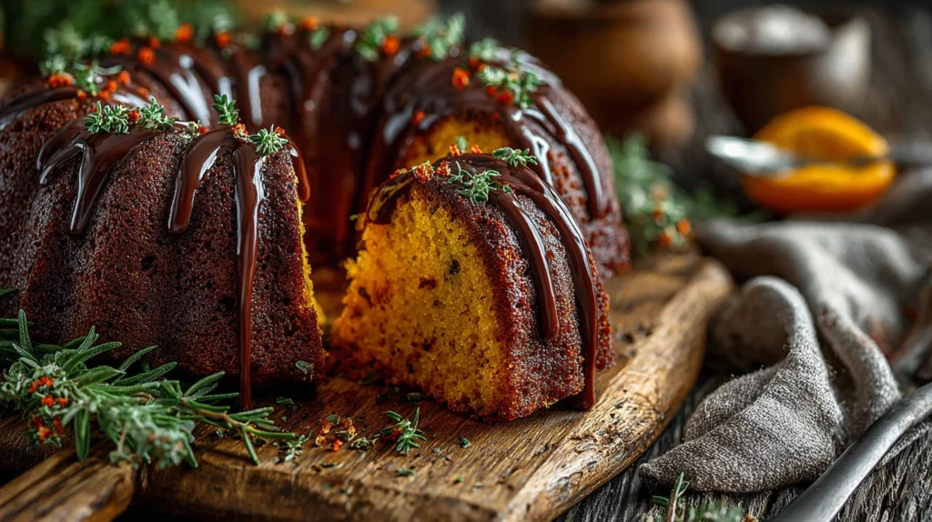 Bolo de Cenoura with brigadeiro glaze and chocolate sprinkles, surrounded by carrots and herbs