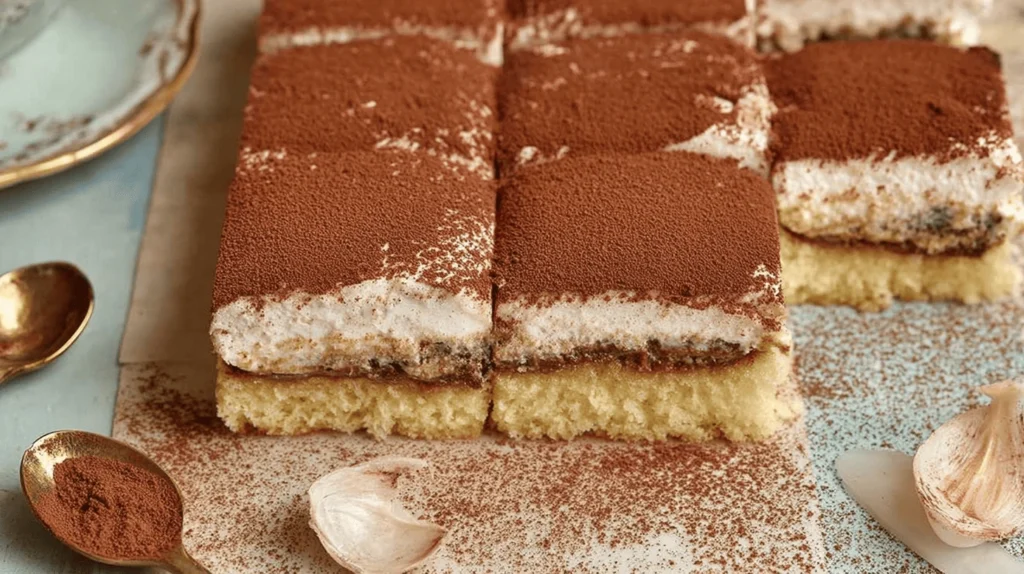 Slices of homemade tiramisu cake topped with cocoa powder and layered with mascarpone cream on a rustic platter