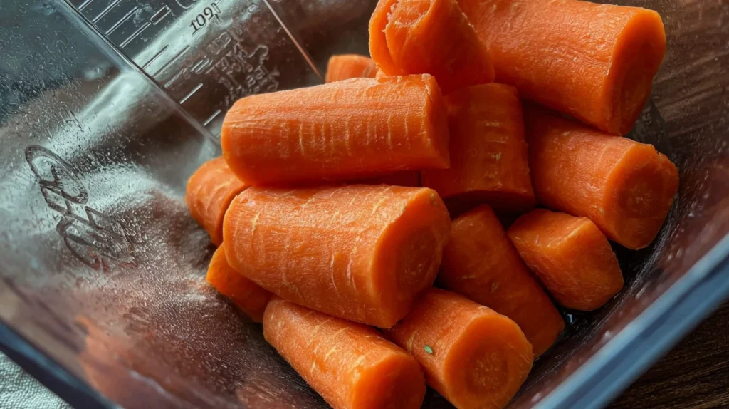 Peeled carrot chunks inside a blender jar, ready for Brazilian carrot cake batter