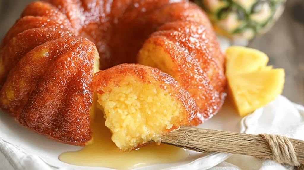 Plain pineapple juice cake with a slice cut out, showing its moist texture.