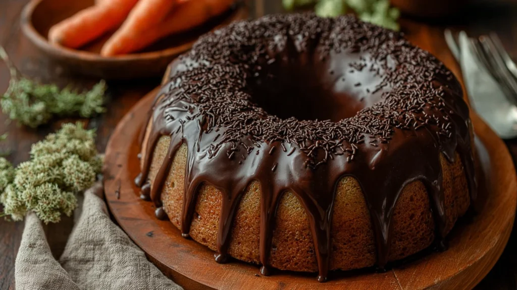 Brazilian carrot cake topped with glossy chocolate brigadeiro glaze on a rustic wooden board