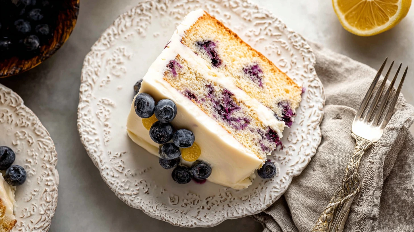 Slice of lemon blueberry cake with creamy frosting, topped with whole blueberries and served on a vintage white plate.