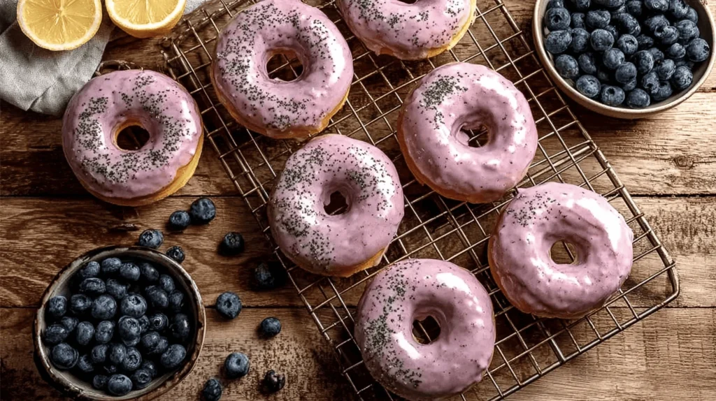 Cooling Blueberry Cake Donuts on Wire Rack Before Glazing