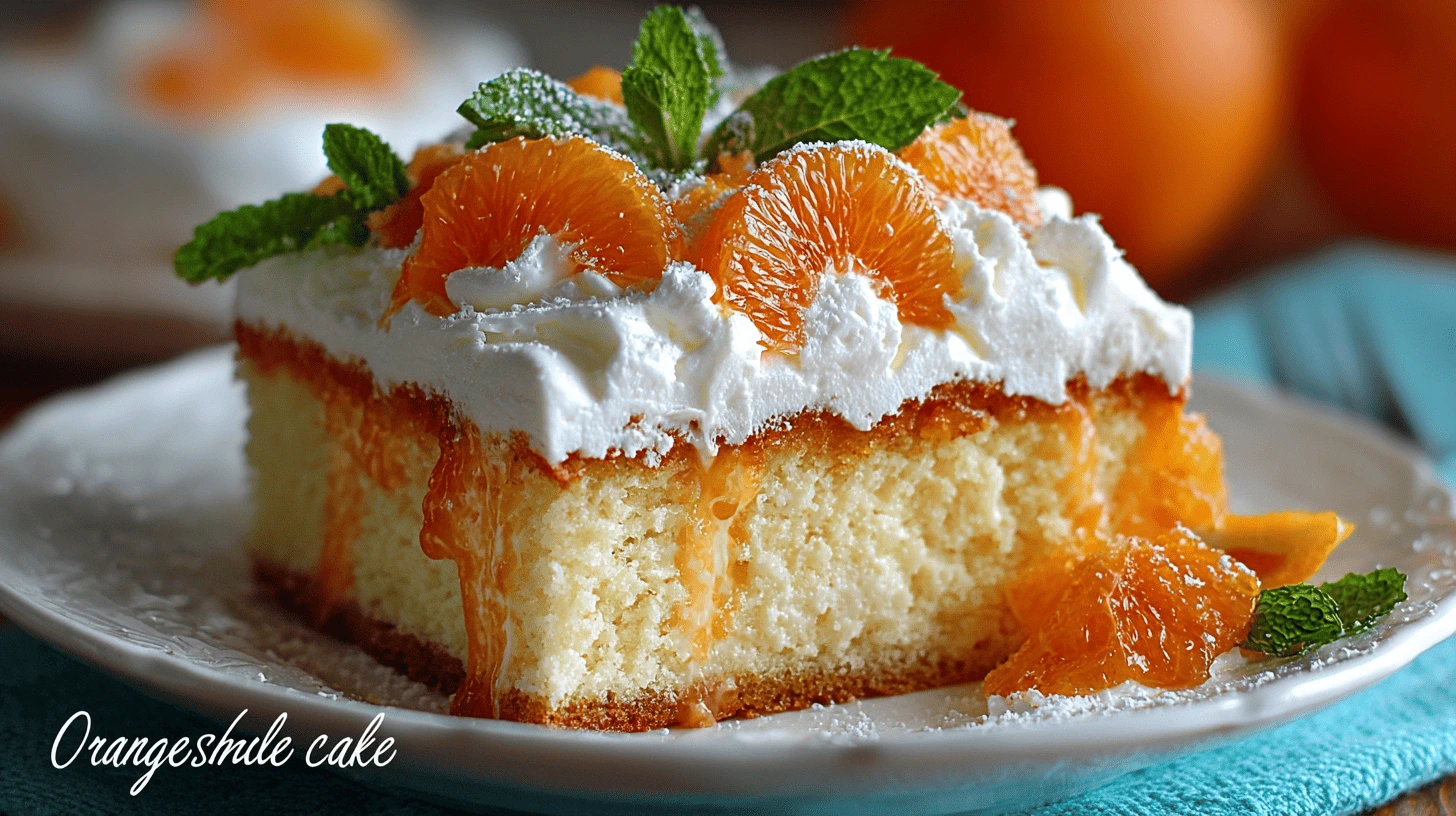 A close-up of a slice of orange creamsicle poke cake with creamy white frosting and a small orange candy or slice on top, set on a white dessert plate with an orange drizzle around it.