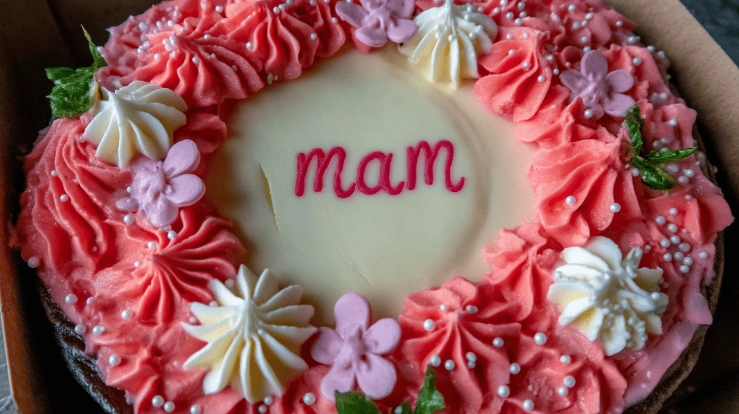 Pastel-colored bento cake topped with piped flowers and minimalist icing, displayed in a white cake box on a rustic table.