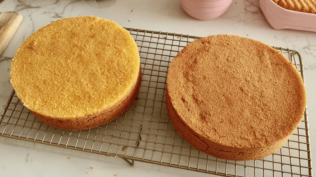 Two sponge cake layers for bento cake cooling on a wire rack before decorating