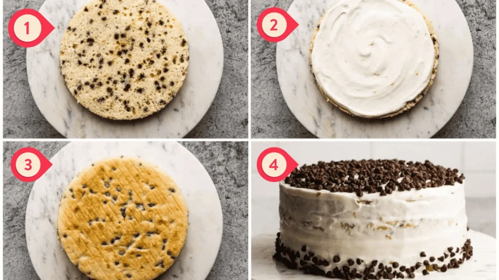 Step by step process of assembling Cannoli Cake with layers of sponge, ricotta frosting, and mini chocolate chips on a marble board