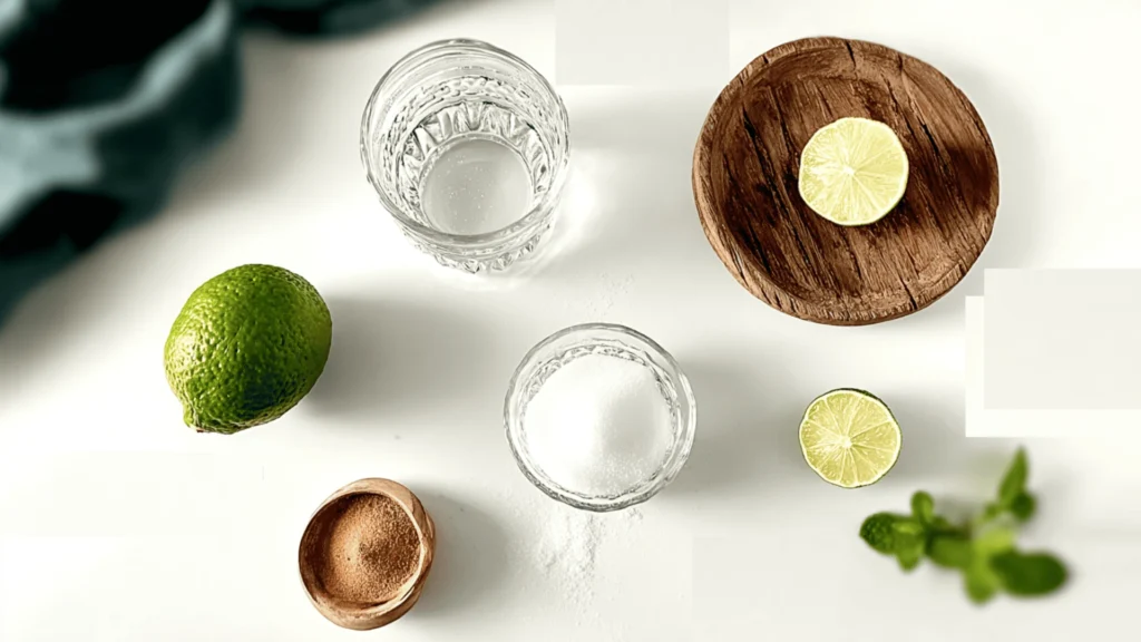 Flat lay of virgin mojito ingredients including fresh mint leaves, lime wedges, honey syrup, and sparkling water arranged on a wooden board