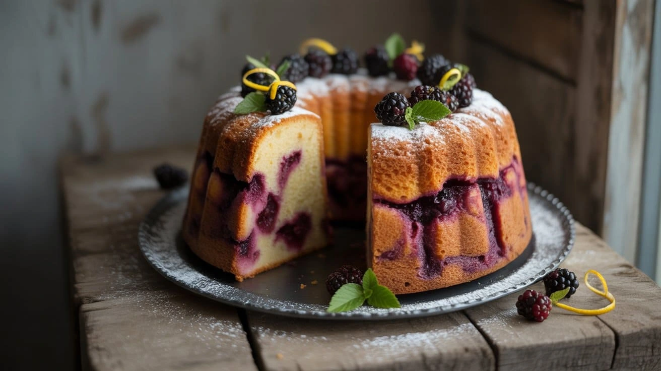 Alt Text Slice of lemon blackberry pound cake with glossy blackberry glaze and fresh berries served on a white plate.