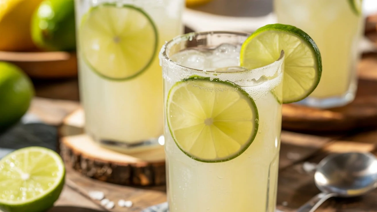 Glass of Brazilian Lemonade with lime slice garnish, creamy lime drink with sweetened condensed milk, served over ice.