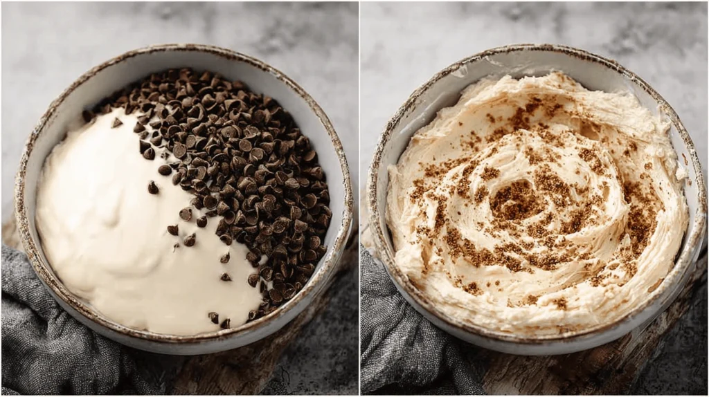 Bowl of creamy ricotta frosting for Cannoli Cake with mini chocolate chips and spiced topping