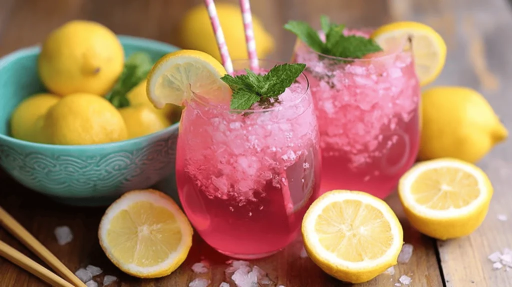 Chilled glass of pink lemonade garnished with mint and raspberries