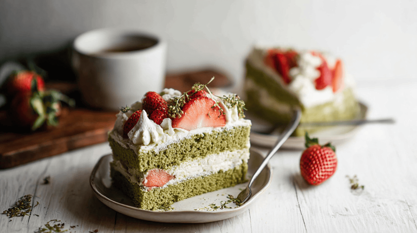 Whole strawberry matcha cake on a white cake stand with whipped cream and fresh strawberries