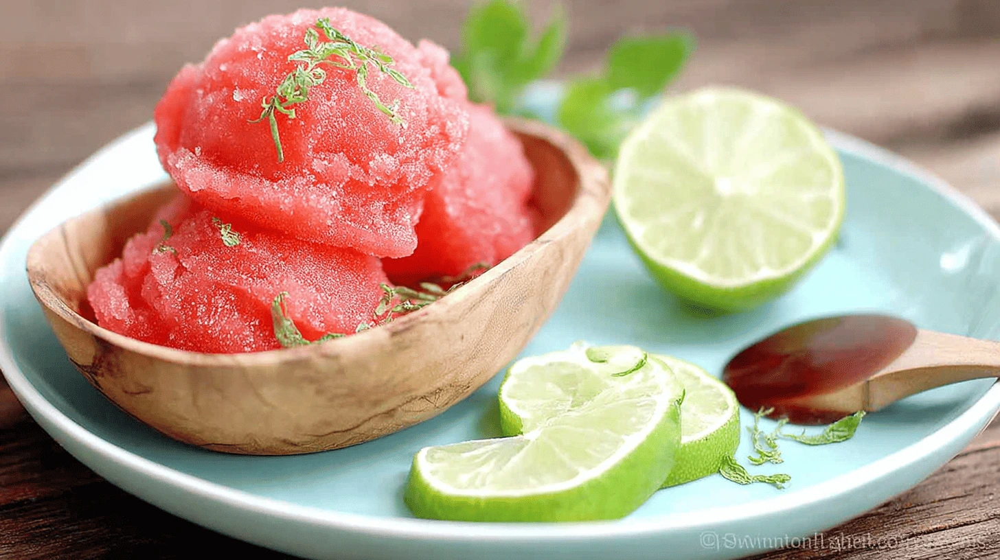A bowl of homemade watermelon sorbet garnished with fresh mint