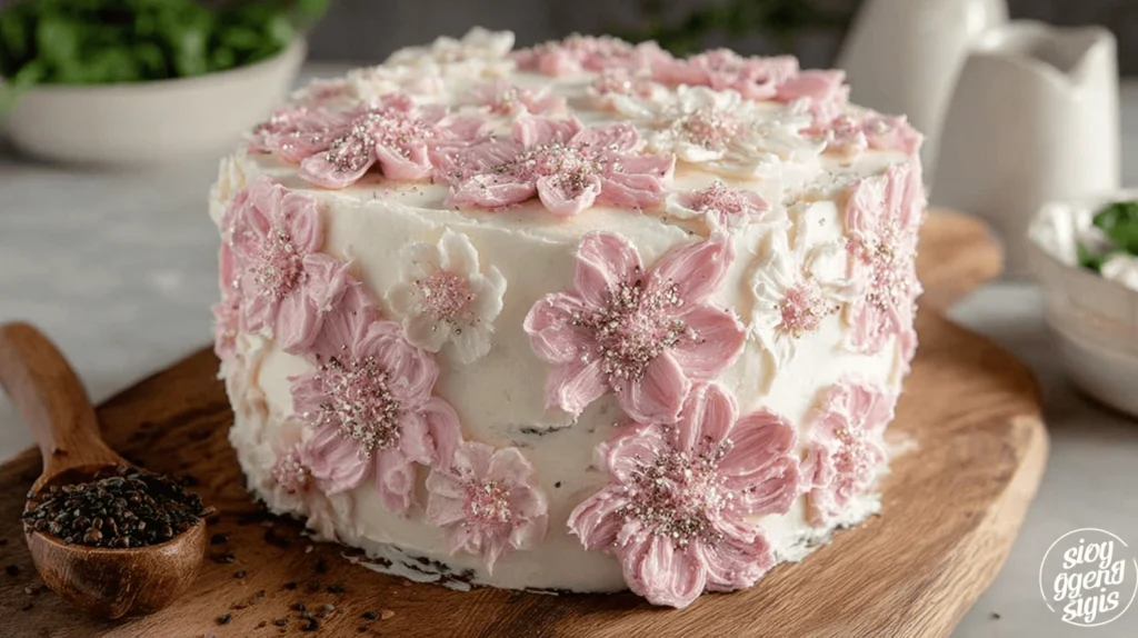 Whole fluffy vanilla cake topped with buttercream on a white cake stand