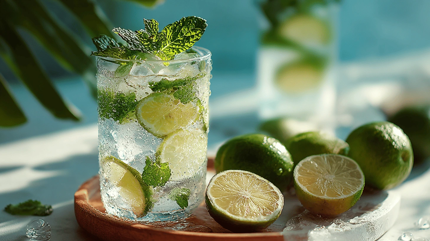 Chilled virgin mojito mocktail in a tall glass filled with ice cubes, mint leaves, and lime wheels, placed on a marble surface