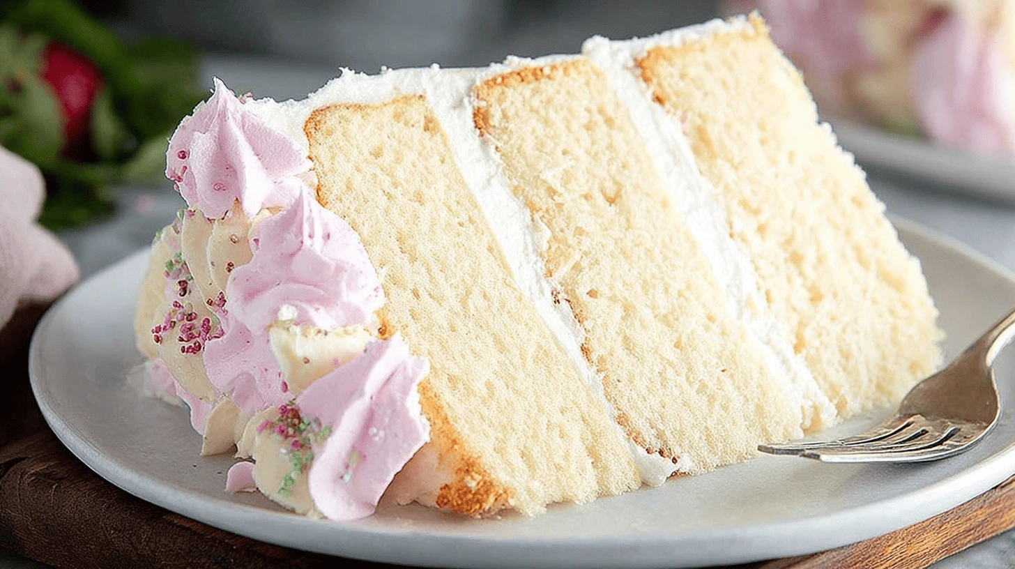 Overhead image of fluffy vanilla cake being frosted with buttercream and tools on the side