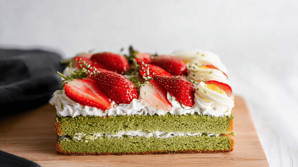 One slice of strawberry matcha cake served on a white plate with a fork