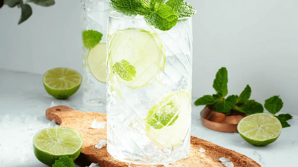 Top view of virgin mojito with fresh mint sprigs and citrus wedges, served in a clear glass with a paper straw, ideal for a mocktail recipe post