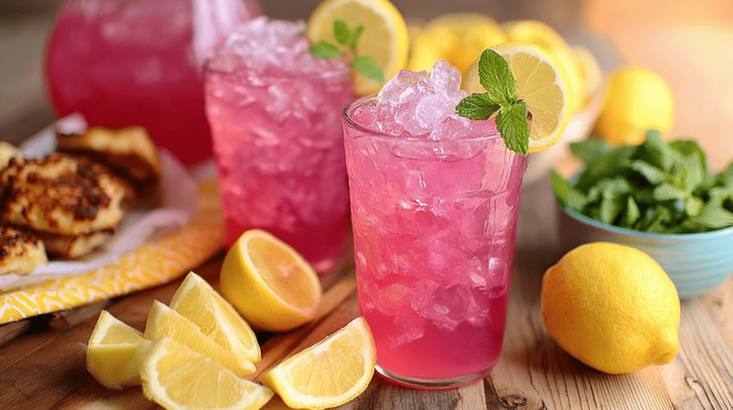 Pouring fresh pink lemonade into a glass with ice and lemon slices